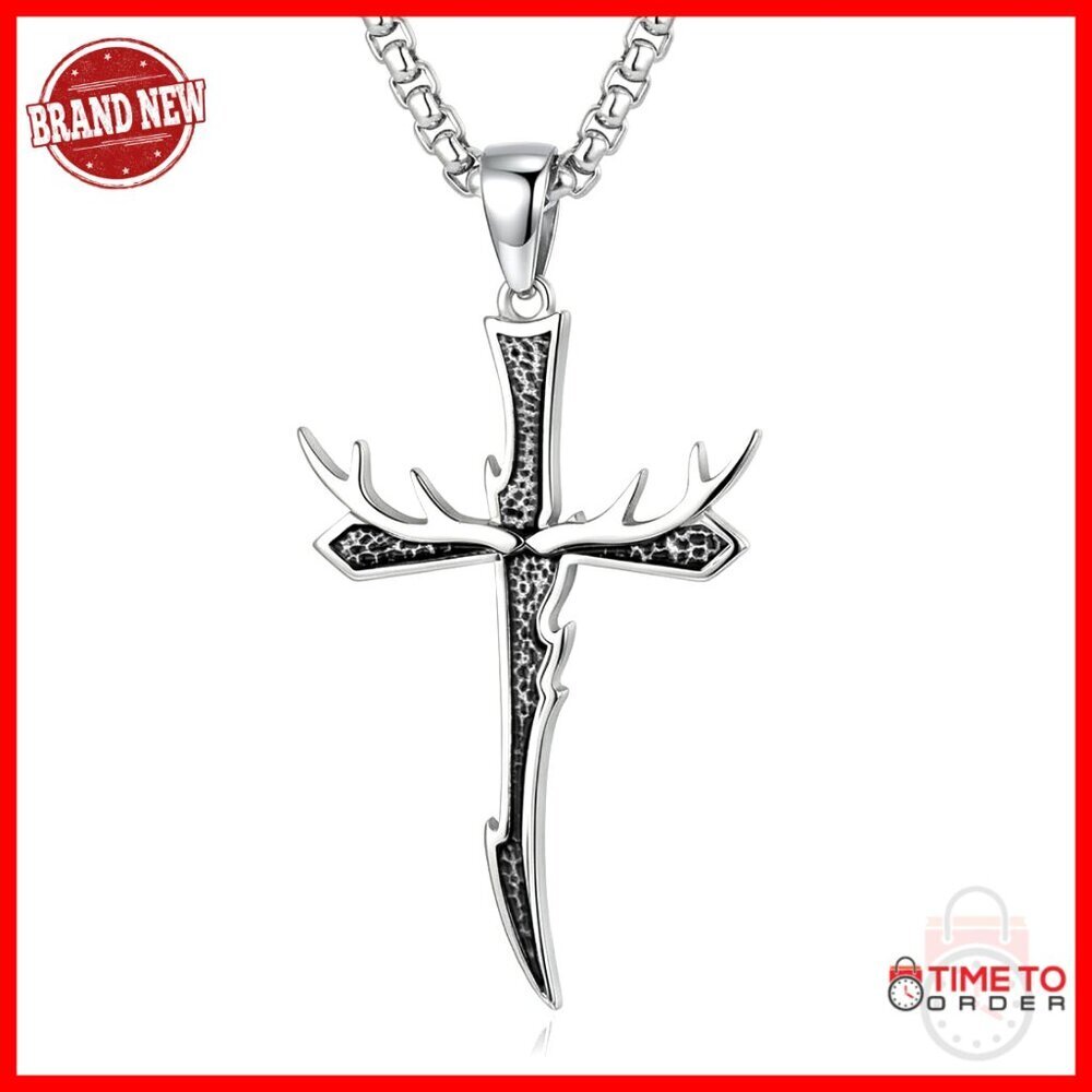 Stainless Steel Dagger Cross Deer Antler Pendant Necklace 24 Inch Chain